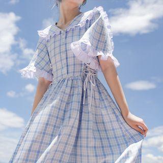 Short-sleeve Ruffle Trim Plaid Midi Dress