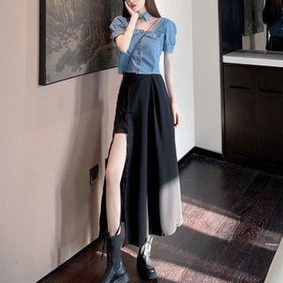 Short-sleeve Buttoned Denim Crop Top / A-line Mini Dress / A-line Midi Skirt