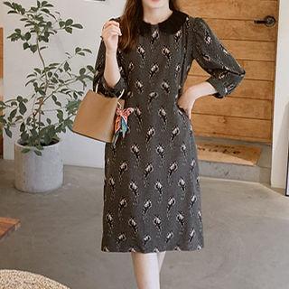 Puff-sleeve Tie-waist Pattern Dress Black - One Size