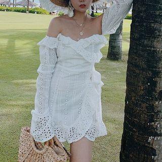 Off-shoulder Eyelet Ruffle A-line Mini Dress