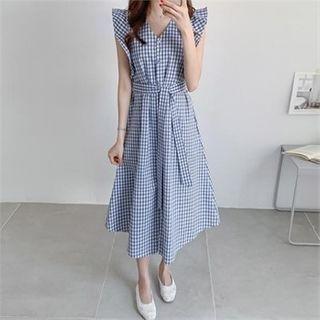 Frill-sleeve Gingham Linen Blend Dress