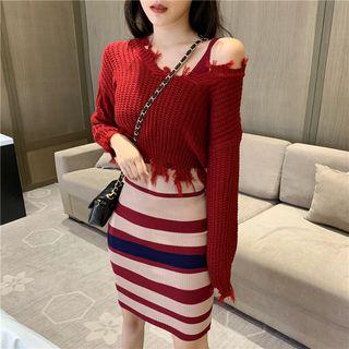 Set: Cropped Distressed Sweater + Striped Mini Knit Tank Dress