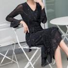 Ruffle Long-sleeve Midi A-line Dress