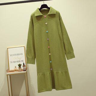 Collared Long-sleeve Midi Knit Dress Avocado Green - One Size