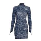Long-sleeve Lettering Open-back Mesh Sheath Dress