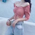 Elbow-sleeve Frill Trim Drawstring Cropped Top