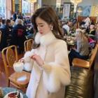 Furry Trim Single-breasted Midi Coat