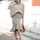 Set: Turtleneck Sweater + Ruffled Skirt Khaki - One Size