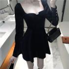 Long-sleeve Square-neck Mini A-line Velvet Dress