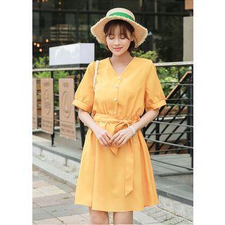 Faux-pearl Button A-line Dress With Sash