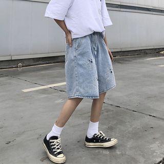 Bear Embroidered Washed Wide Leg Denim Shorts