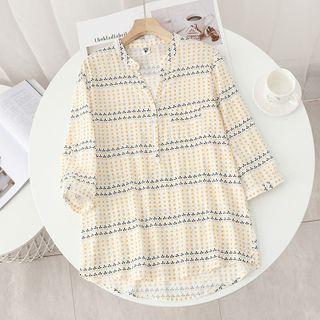 3/4-sleeve Print Henley Blouse