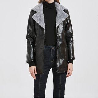 Fleece Panel Faux Leather Coat