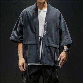 Chinese Character Embroidered 3/4-sleeve Tie-front Jacket