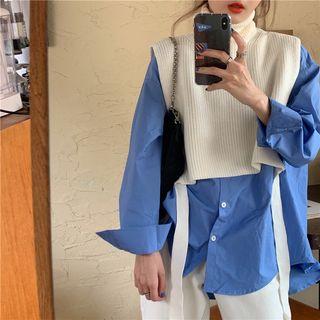 Plain Long-sleeve Loose-fit Shirt / Turtle-neck Knit Vest