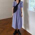 Short-sleeve Gingham Sailor-collar Midi Dress