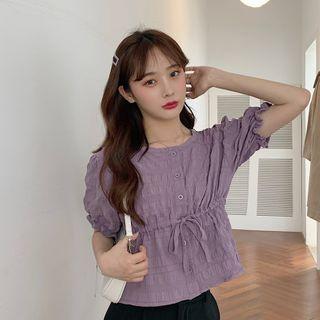 Drawstring-waist Puff-sleeve Crinkle Blouse