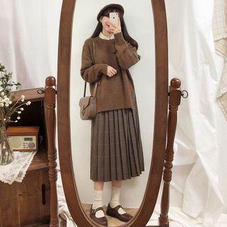 Set: Sweater + Plaid Pleated Midi A-line Overall Dress