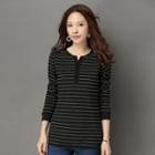 Long-sleeve Notched-neck Striped Top