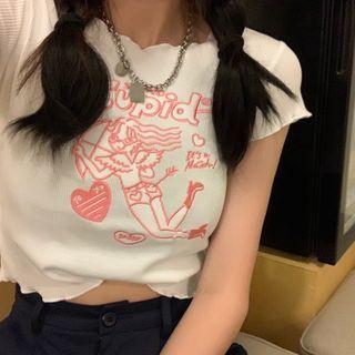 Short-sleeve Angel Embroidered T-shirt White - One Size