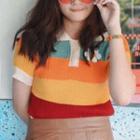 Color Block Cropped Polo Shirt As Shown In Figure - One Size