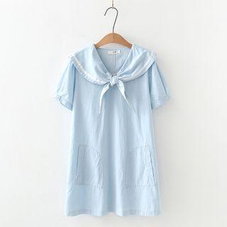 Elbow-sleeve Sailor Collar Denim Mini A-line Dress