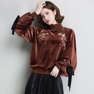 Flower Embroidered Mock Neck Velvet Pullover