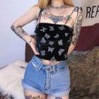 Tie-shoulder Butterfly Print Cropped Top
