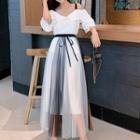 Set: Cutout Shoulder Ruffle Midi Dress + Mesh Midi Skirt