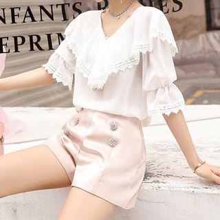Set: Lace-trim Ruffled Top + Shorts
