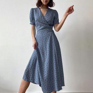 Short Sleeve V-neck Dotted Midi Dress