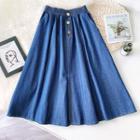 Button-front A-line Midi Denim Skirt