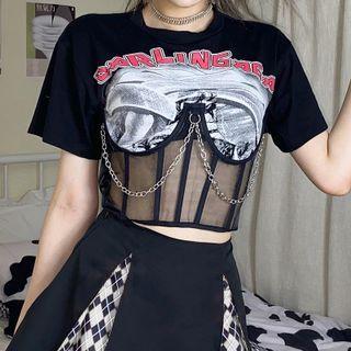 Mock Two-piece Short-sleeve Print Mesh Panel Cropped T-shirt