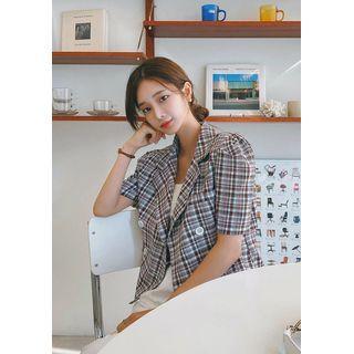 Puff-shoulder Crop Plaid Blazer Wine Red - One Size