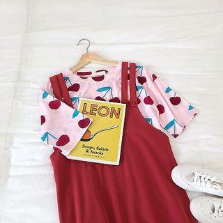 Cherry Print Crewneck Short-sleeve Top / Plain Strap Dress