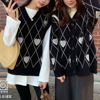 Heart Print Knit Sweater Vest / Cardigan