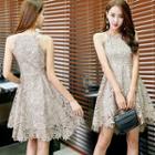 Spaghetti-strap Tie-waist Slim Lace Dress