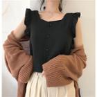 Sleeveless Ruffle Trim Plain Blouse