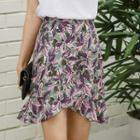 Ruffled Linen Blend Floral Miniskirt