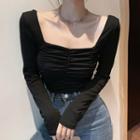 Long-sleeve Square-neck Ruched T-shirt