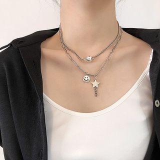 925 Sterling Silver Metal Bead Choker Necklace / Smiley Face & Star Necklace