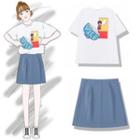 Short-sleeve Cartoon Print T-shirt / A-line Skirt