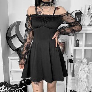 Long-sleeve Off-shoulder Mesh Panel Mini A-line Dress
