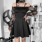 Long-sleeve Off-shoulder Mesh Panel Mini A-line Dress
