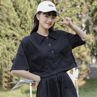 Short-sleeve Polo Neck Plain Pocket Cropped T-shirt