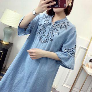Flower Embroidered Elbow Sleeve Denim Dress