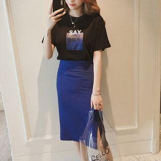 Set: Lettering Short-sleeve T-shirt + Pencil Midi Skirt