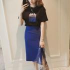 Set: Lettering Short-sleeve T-shirt + Pencil Midi Skirt