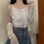 Lace Trim Button-up Chiffon Camisole / Open-front Lettuce-edge Ribbed Cardigan