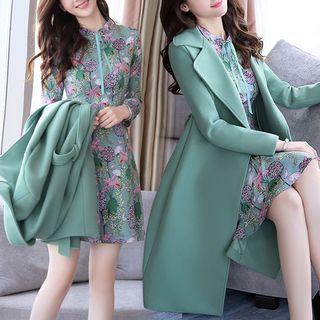 Set: Long-sleeve Flower Print A-line Dress + Open Front Coat